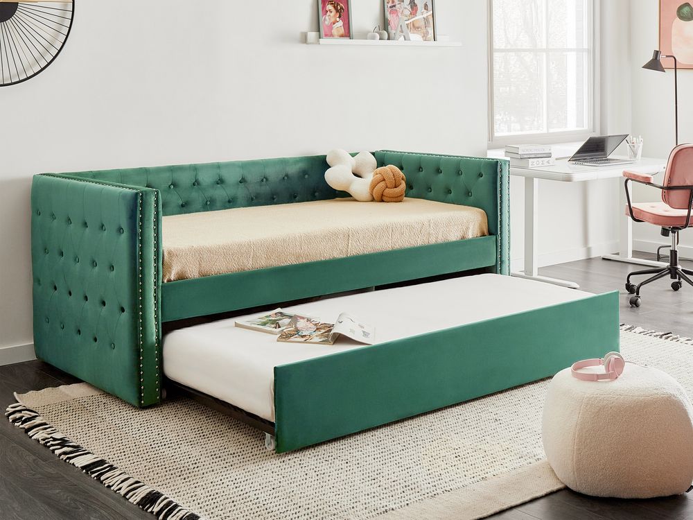 Letto da giorno estraibile Velluto verde Dimensioni singole 90 x 200 con rete a doghe con bottoni abbottonati Rifiniture Glam