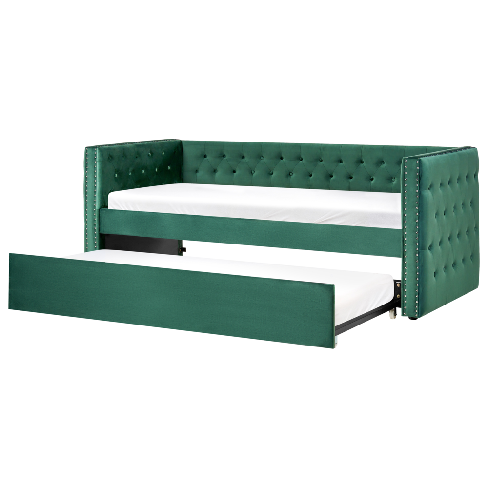 Letto da giorno estraibile Velluto verde Dimensioni singole 90 x 200 con rete a doghe con bottoni abbottonati Rifiniture Glam