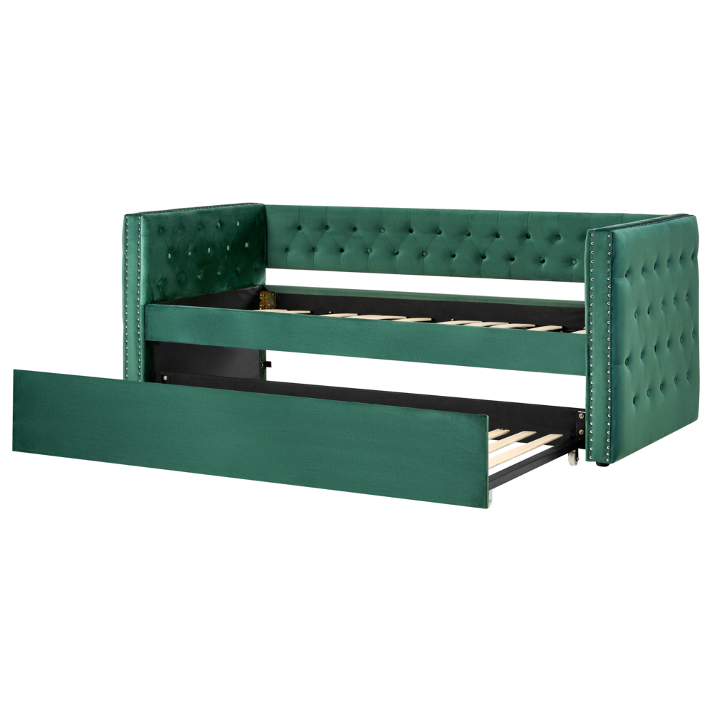 Letto da giorno estraibile Velluto verde Dimensioni singole 90 x 200 con rete a doghe con bottoni abbottonati Rifiniture Glam