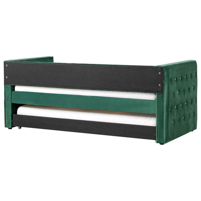 Letto da giorno estraibile Velluto verde Dimensioni singole 90 x 200 con rete a doghe con bottoni abbottonati Rifiniture Glam