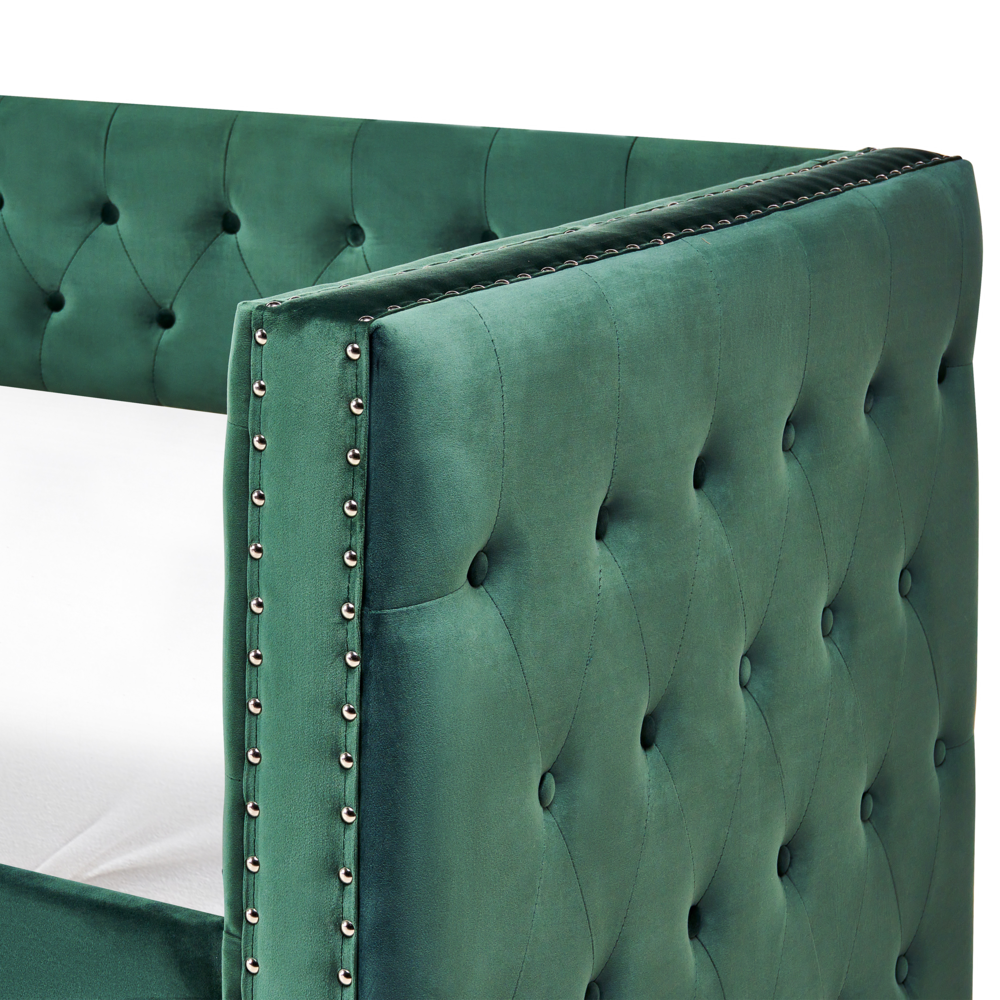 Letto da giorno estraibile Velluto verde Dimensioni singole 90 x 200 con rete a doghe con bottoni abbottonati Rifiniture Glam