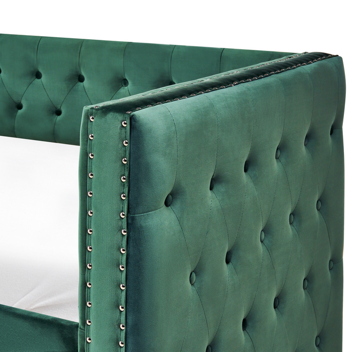 Letto da giorno estraibile Velluto verde Dimensioni singole 90 x 200 con rete a doghe con bottoni abbottonati Rifiniture Glam