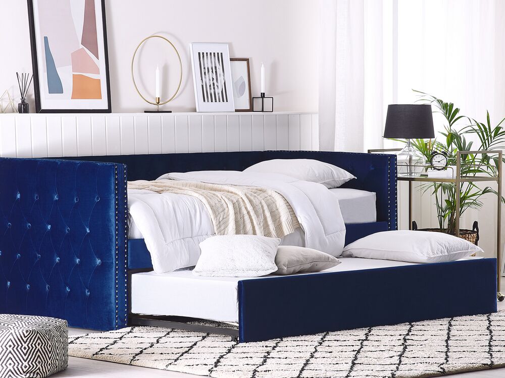 Struttura letto estraibile blu velluto misura singola 90 x 200 con rete a doghe con bottoni abbottonati finiture Glam