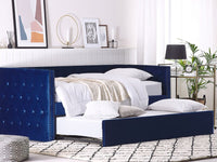 Struttura letto estraibile blu velluto misura singola 90 x 200 con rete a doghe con bottoni abbottonati finiture Glam
