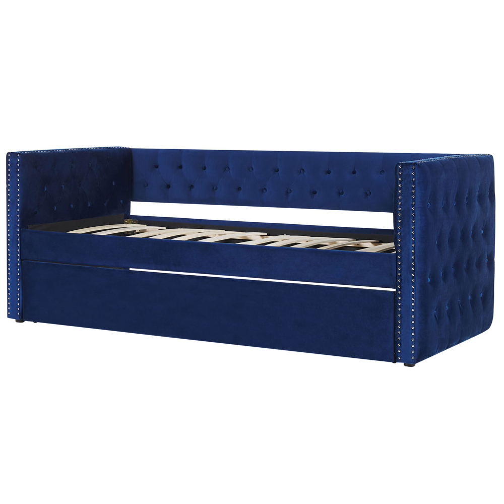 Struttura letto estraibile blu velluto misura singola 90 x 200 con rete a doghe con bottoni abbottonati finiture Glam