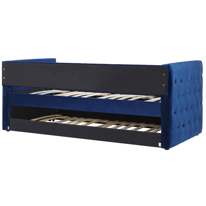 Struttura letto estraibile blu velluto misura singola 90 x 200 con rete a doghe con bottoni abbottonati finiture Glam