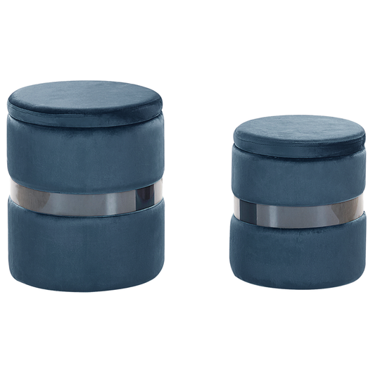 Set di 2 pouf portaoggetti in poliestere azzurro con rivestimento in velluto e poggiapiedi stile glam