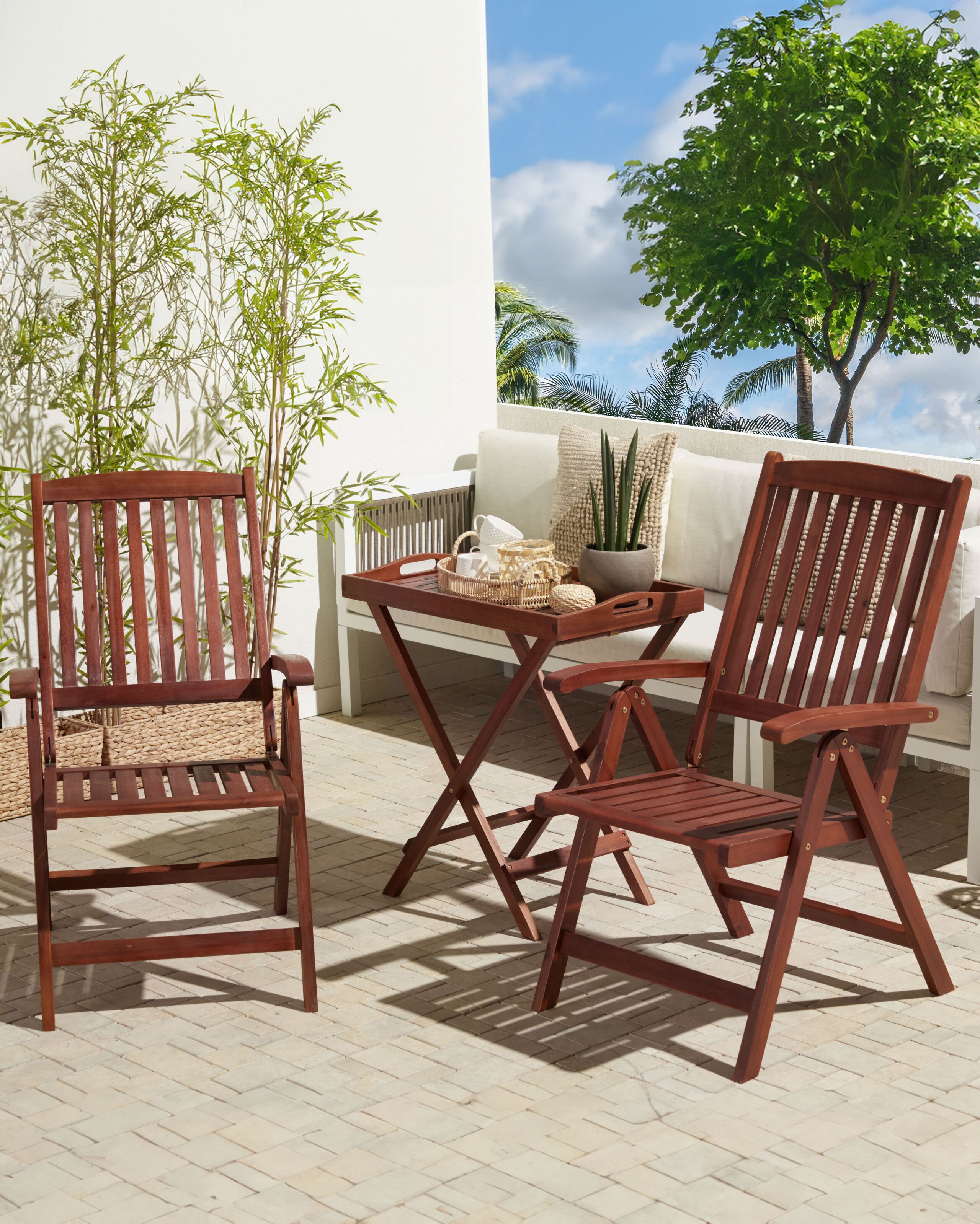 Set di 2 sedie da giardino in legno di acacia pieghevoli regolabili per esterni stile rustico country