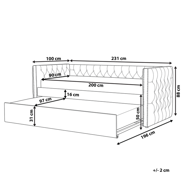 Letto da giorno estraibile Velluto verde Dimensioni singole 90 x 200 con rete a doghe con bottoni abbottonati Rifiniture Glam