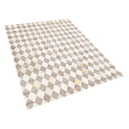 Tappeto tappetino Pelle di vacchetta jacquard marrone e beige Motivo geometrico a rombi Retro 140 x 200 cm