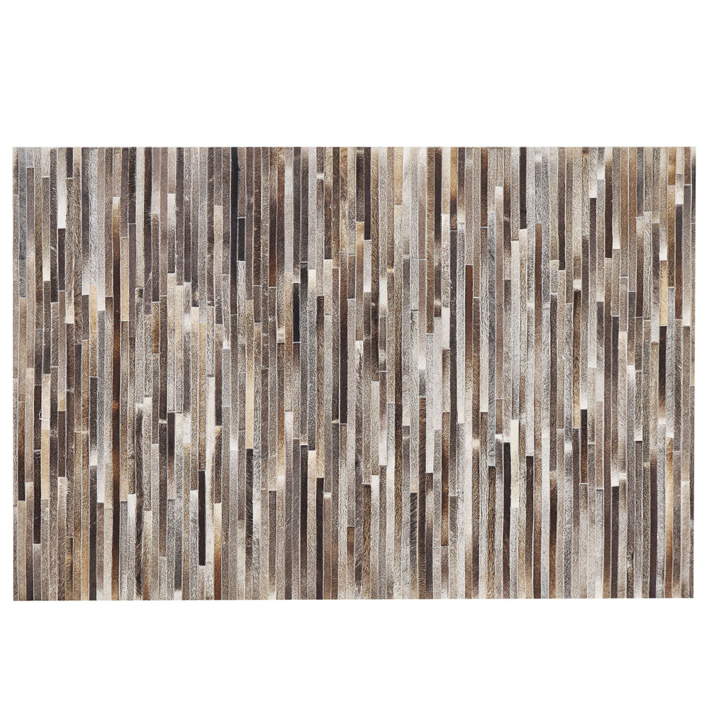 Tappeto tappetino Pelle Bovina Marrone e Grigio 160 x 230 cm Motivo A Righe Patchwork
