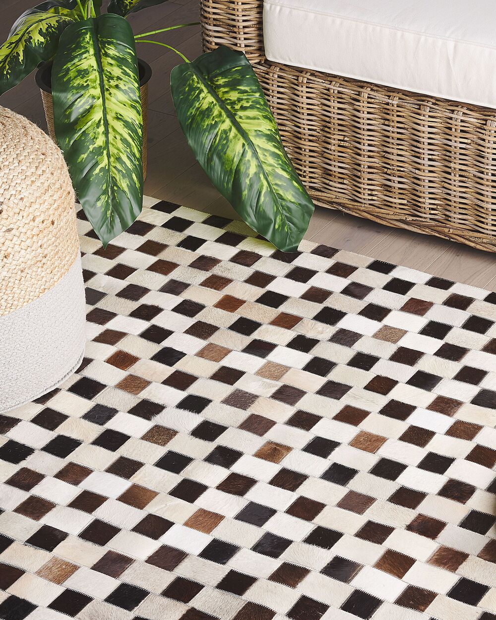 Tappeto tappetino Pelle Bovina Marrone e Beige 160 x 230 cm Motivo Geometrico Patchwork