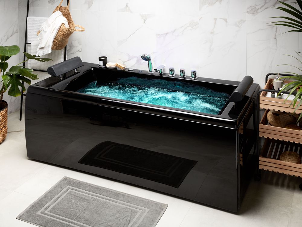 Vasca Idromassaggio Nero Sanitario Acrilico Imbottito Poggiatesta LED 172 x 83 cm