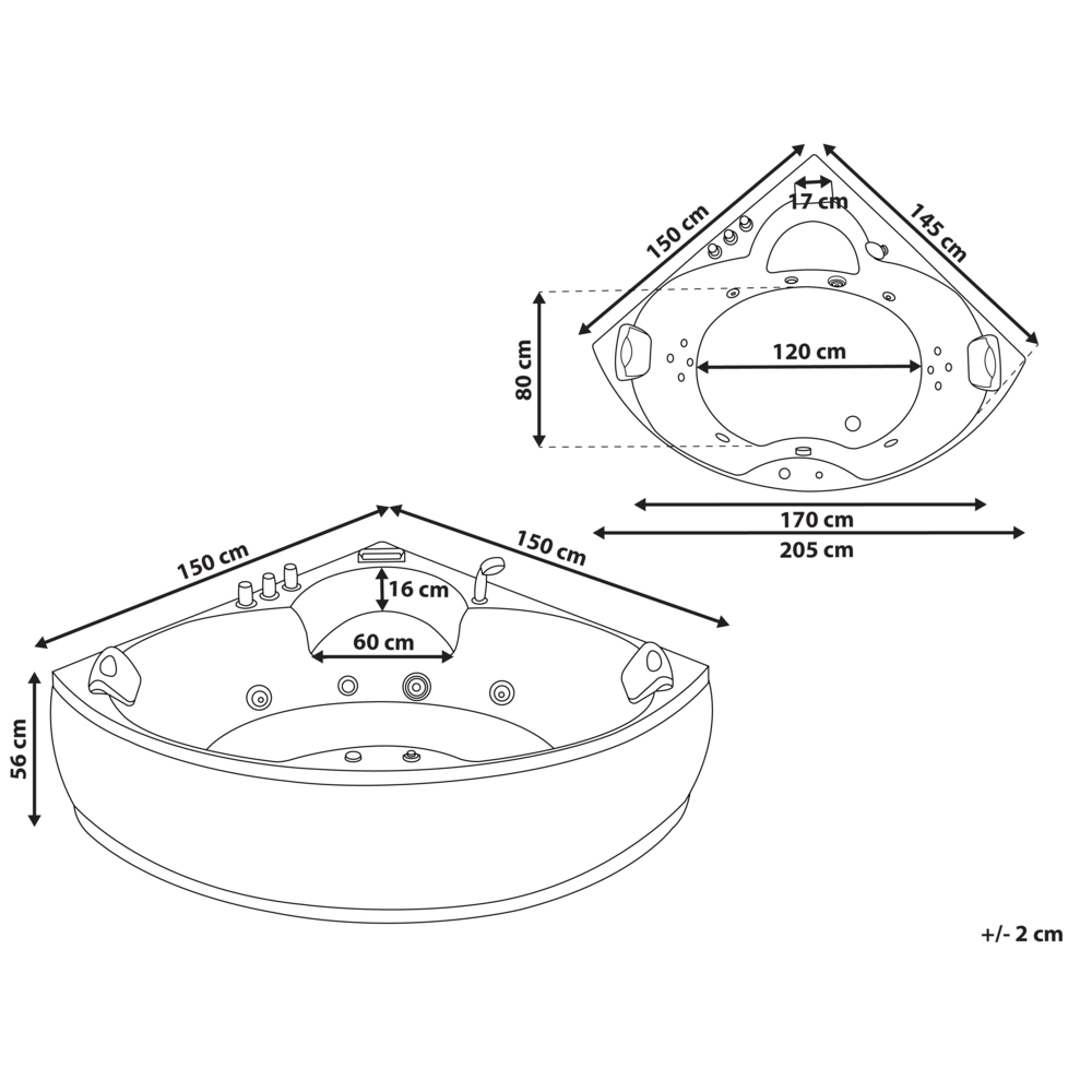 Vasca ad angolo in acrilico Nero 205 x 163 cm 2 persone getti massaggianti poggiatesta