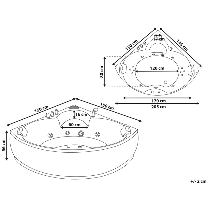 Vasca ad angolo in acrilico Nero 205 x 163 cm 2 persone getti massaggianti poggiatesta