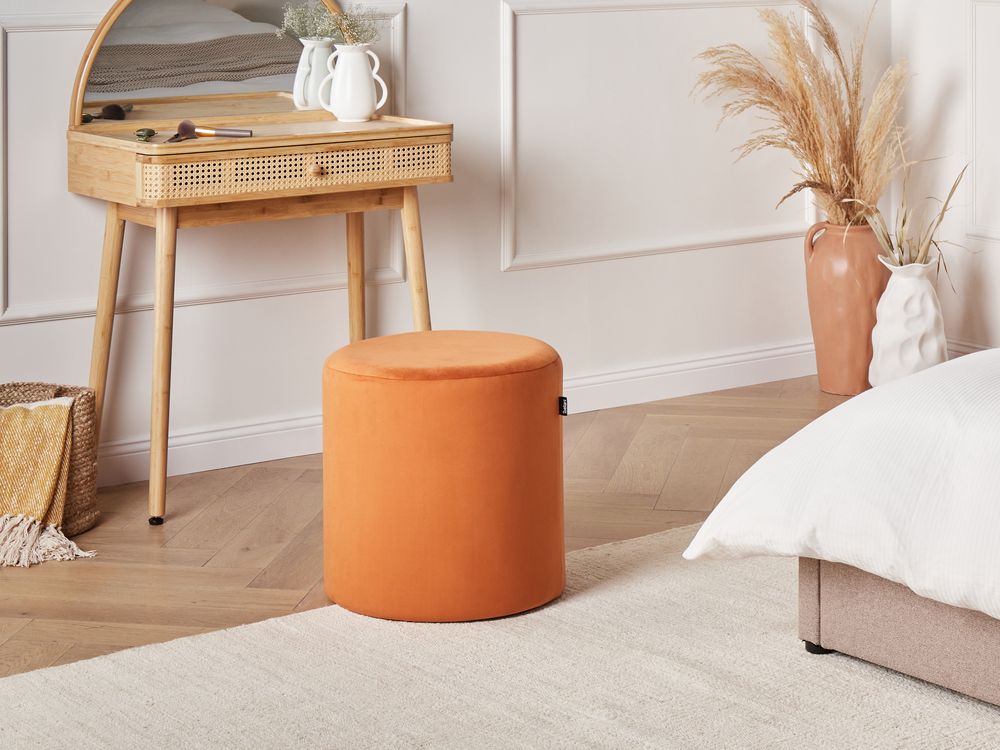 Pouf ottomana poggiapiedi rotondo in velluto arancione moderno