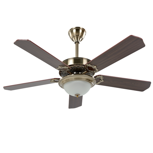 Ventilatore da soffitto tradizionale con telecomando a 5 pale in metallo color dorato chiaro e legno scuro