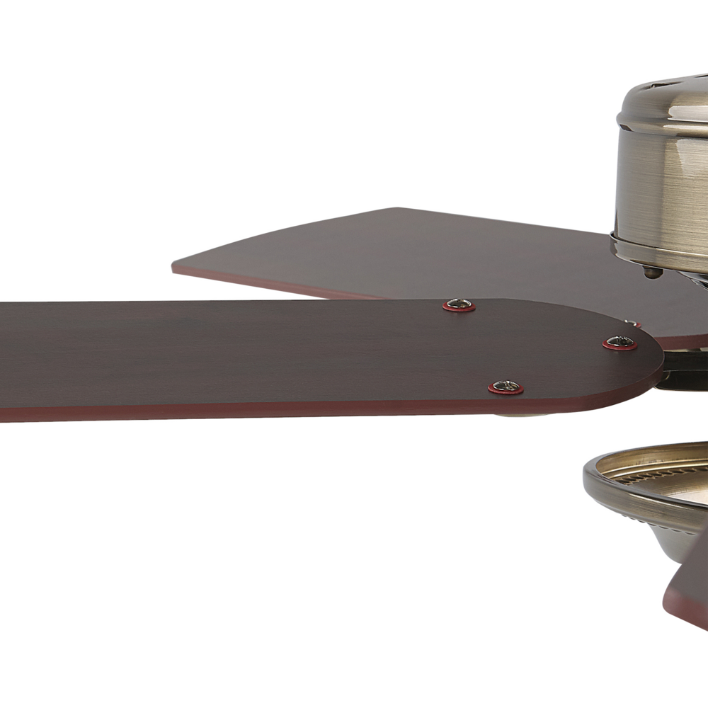 Ventilatore da soffitto tradizionale con telecomando a 5 pale in metallo color dorato chiaro e legno scuro