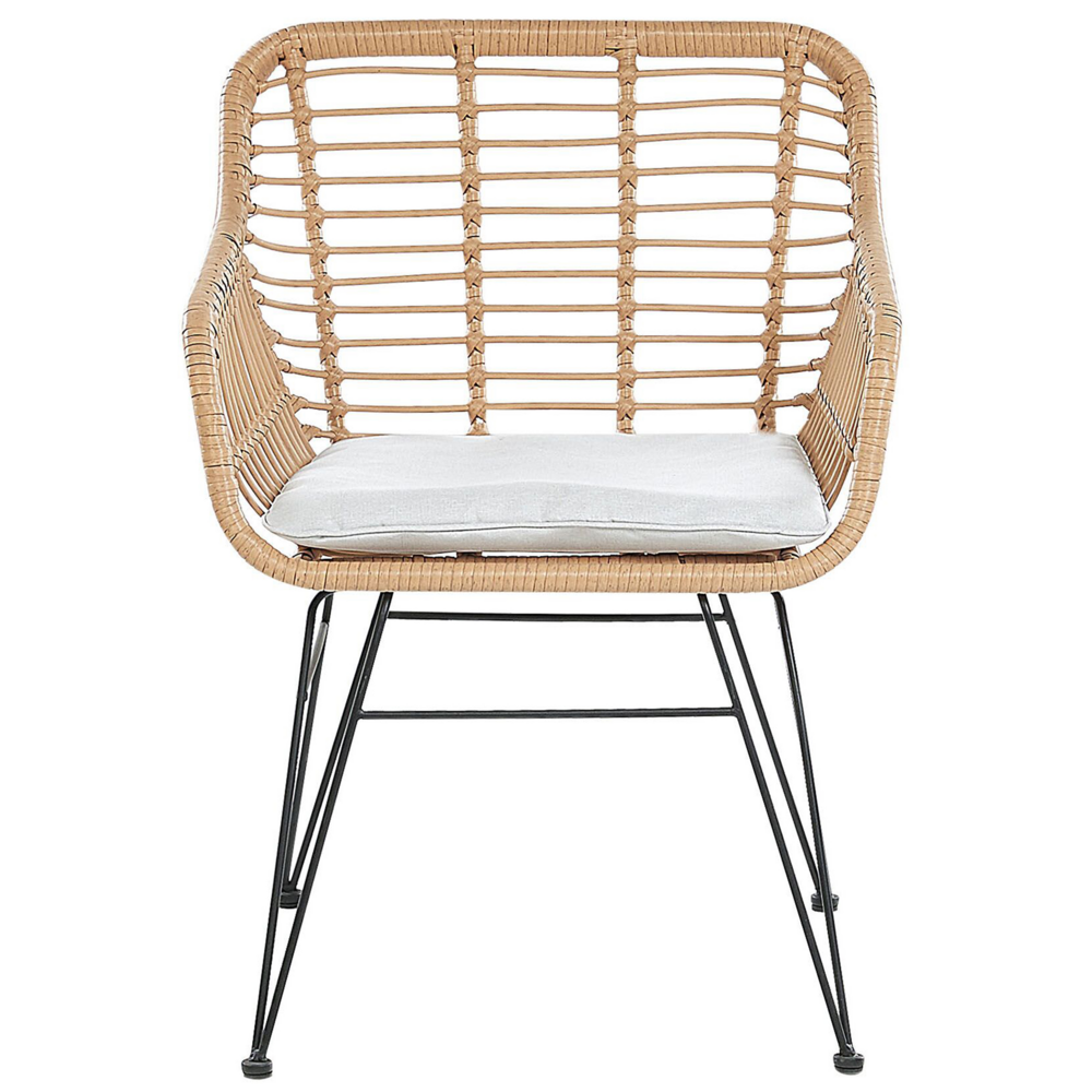 Set bistrot marrone finto rattan gambe tornanti in acciaio Nero 2 sedie con cuscini grigi piano tavolo in vetro set da esterno a 2 posti