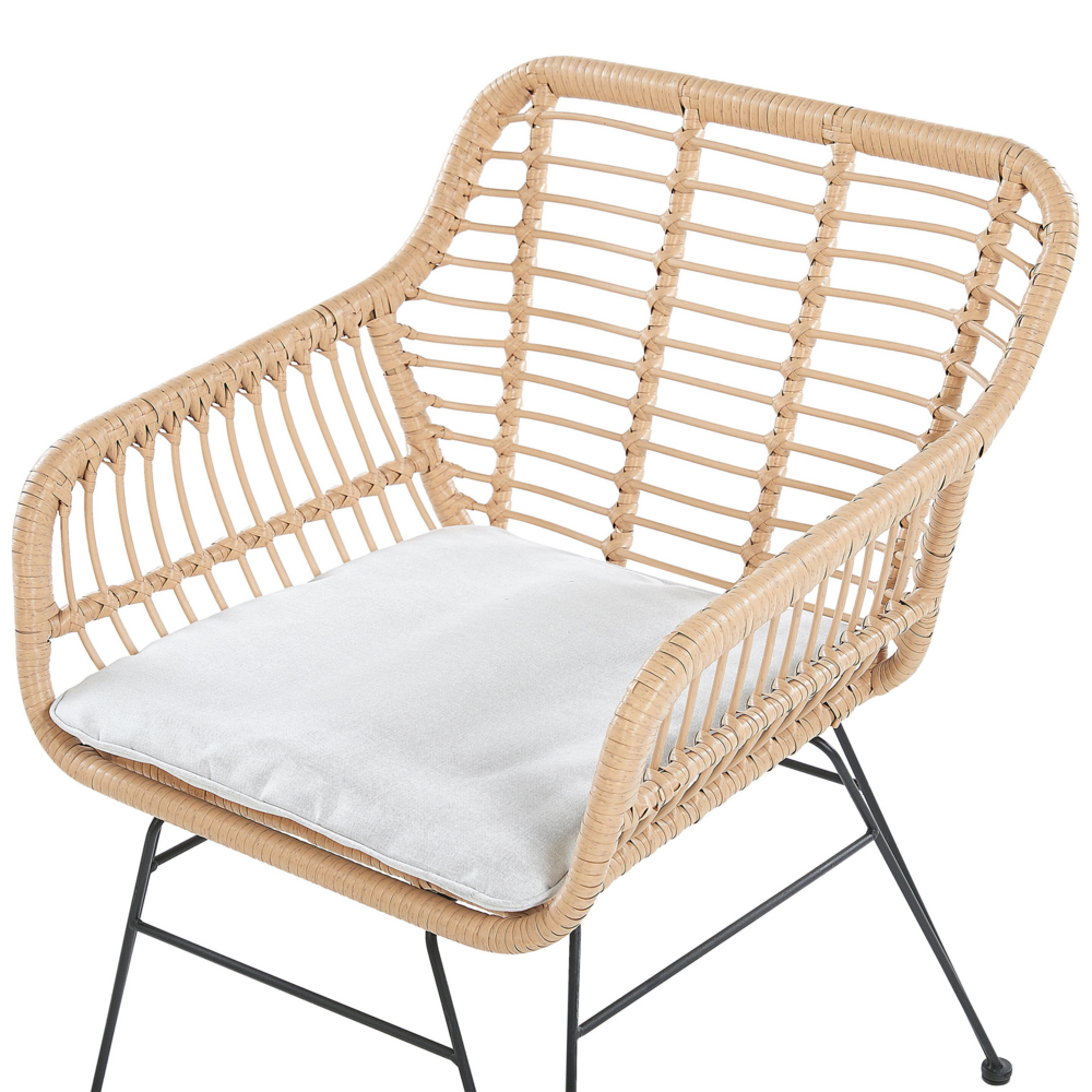 Set bistrot marrone finto rattan gambe tornanti in acciaio Nero 2 sedie con cuscini grigi piano tavolo in vetro set da esterno a 2 posti