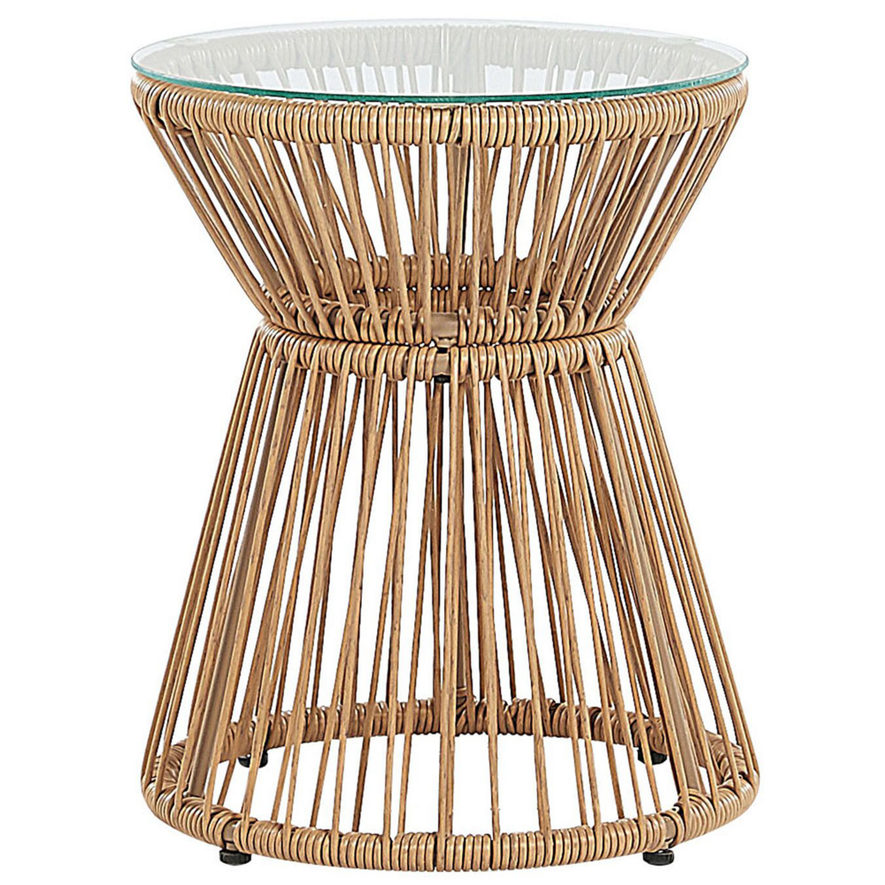 Set bistrot marrone finto rattan gambe tornanti in acciaio Nero 2 sedie con cuscini grigi piano tavolo in vetro set da esterno a 2 posti