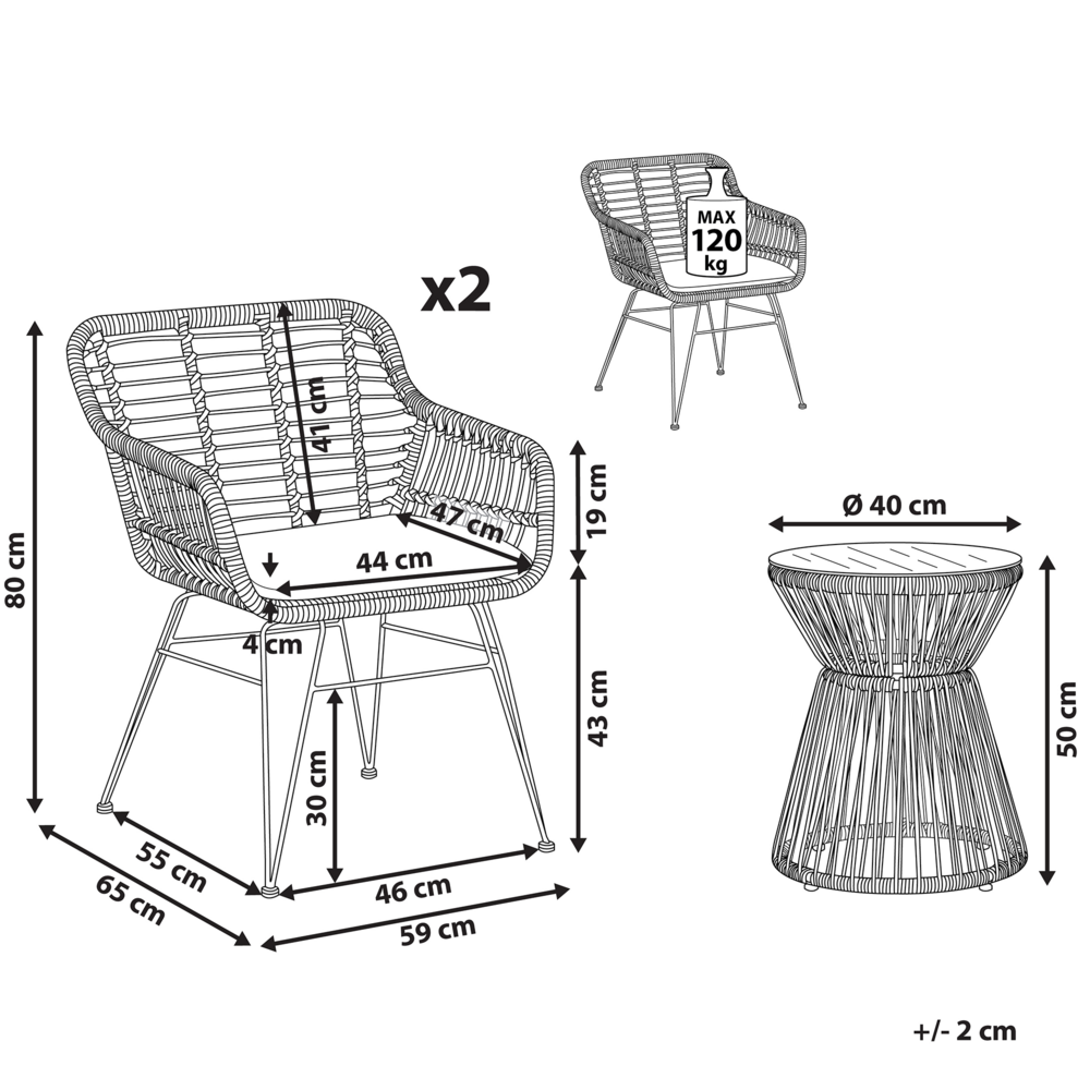 Set bistrot marrone finto rattan gambe tornanti in acciaio Nero 2 sedie con cuscini grigi piano tavolo in vetro set da esterno a 2 posti