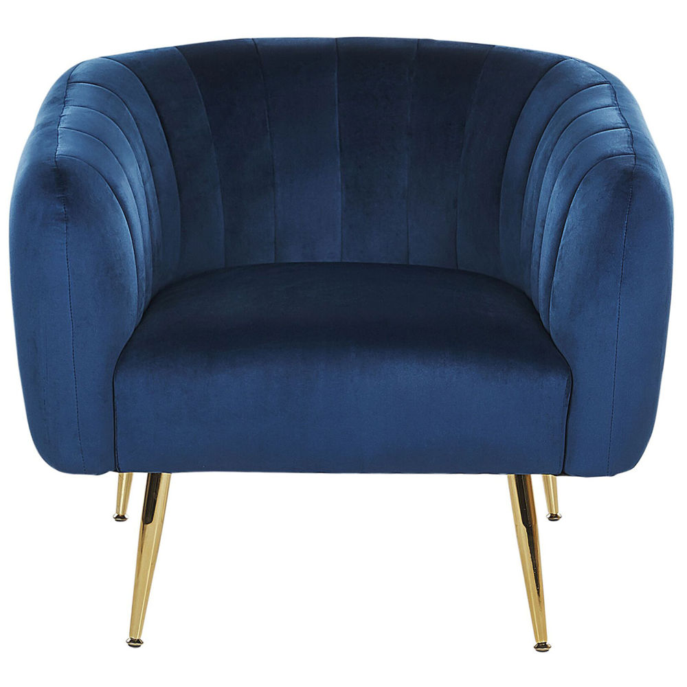 Poltrona Velluto Blu Struttura In Metallo Dorato Con Schienale Tondo Stile Glam