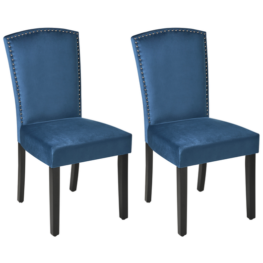 Set di 2 sedie da pranzo in velluto blu navy con schienale alto design retrò con finiture in argento a forma di chiodo