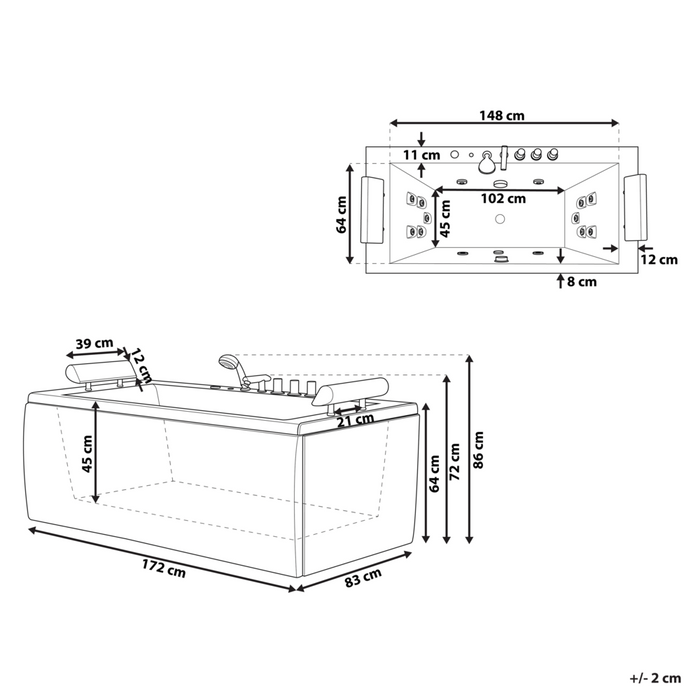 Vasca Idromassaggio Nero Sanitario Acrilico Imbottito Poggiatesta LED 172 x 83 cm