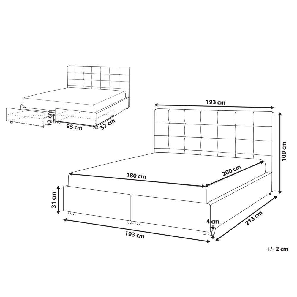 Letto contenitore matrimoniale imbottito grigio chiaro con rete a doghe e cassetti 180 x 200 cm