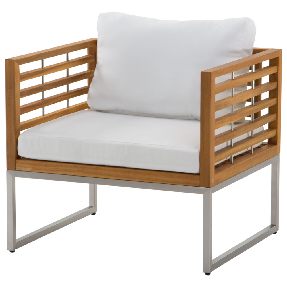 Set Divani Da Giardino In Legno Di Acacia Cuscini Bianchi 4 Posti A Doghe Design Set Conversazione Per Esterni