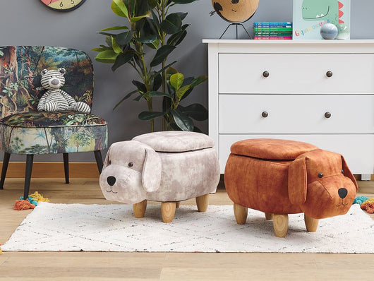 Pouf animaletto Sgabello per bambini Poggiapiedi in velluto beige con gambe in legno portaoggetti Seggiolino per bambini