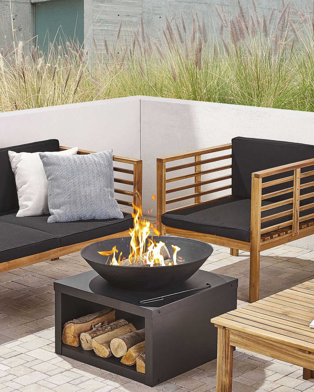 Riscaldatore per braciere in acciaio Nero a forma di ciotola tonda bassa con contenitore per tronchi e poker