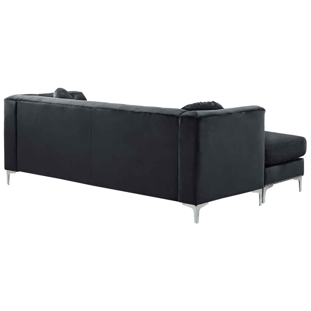 Divano ad angolo in velluto Nero imbottito a 3 posti destra con cuscini aggiuntivi glamour a forma di L con trapuntatura e finiture a chiodo