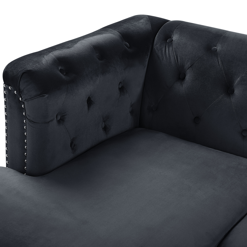Divano ad angolo in velluto Nero imbottito a 3 posti destra con cuscini aggiuntivi glamour a forma di L con trapuntatura e finiture a chiodo