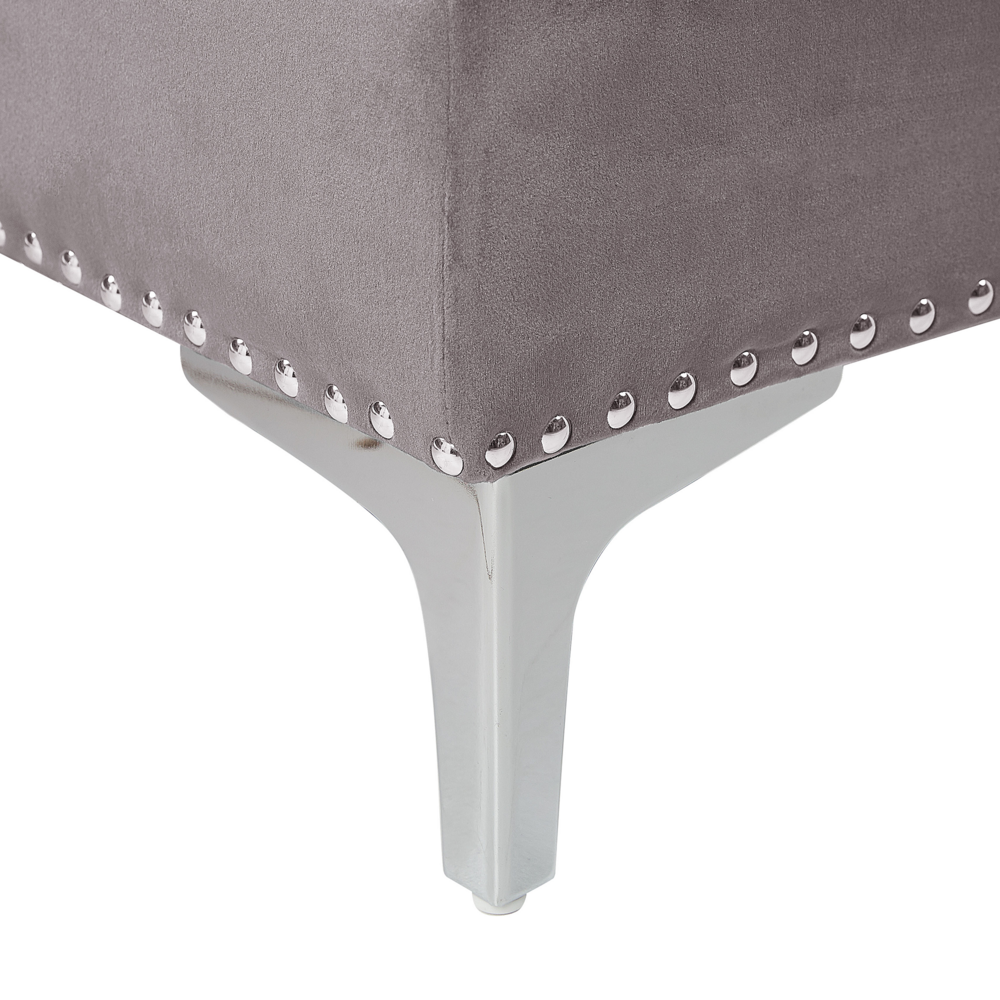 Divano ad angolo in velluto grigio imbottito a 3 posti destra glamour a forma di L cuscini aggiuntivi con trapuntatura e finiture a chiodo