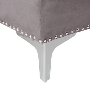 Divano ad angolo in velluto grigio imbottito a 3 posti destra glamour a forma di L cuscini aggiuntivi con trapuntatura e finiture a chiodo