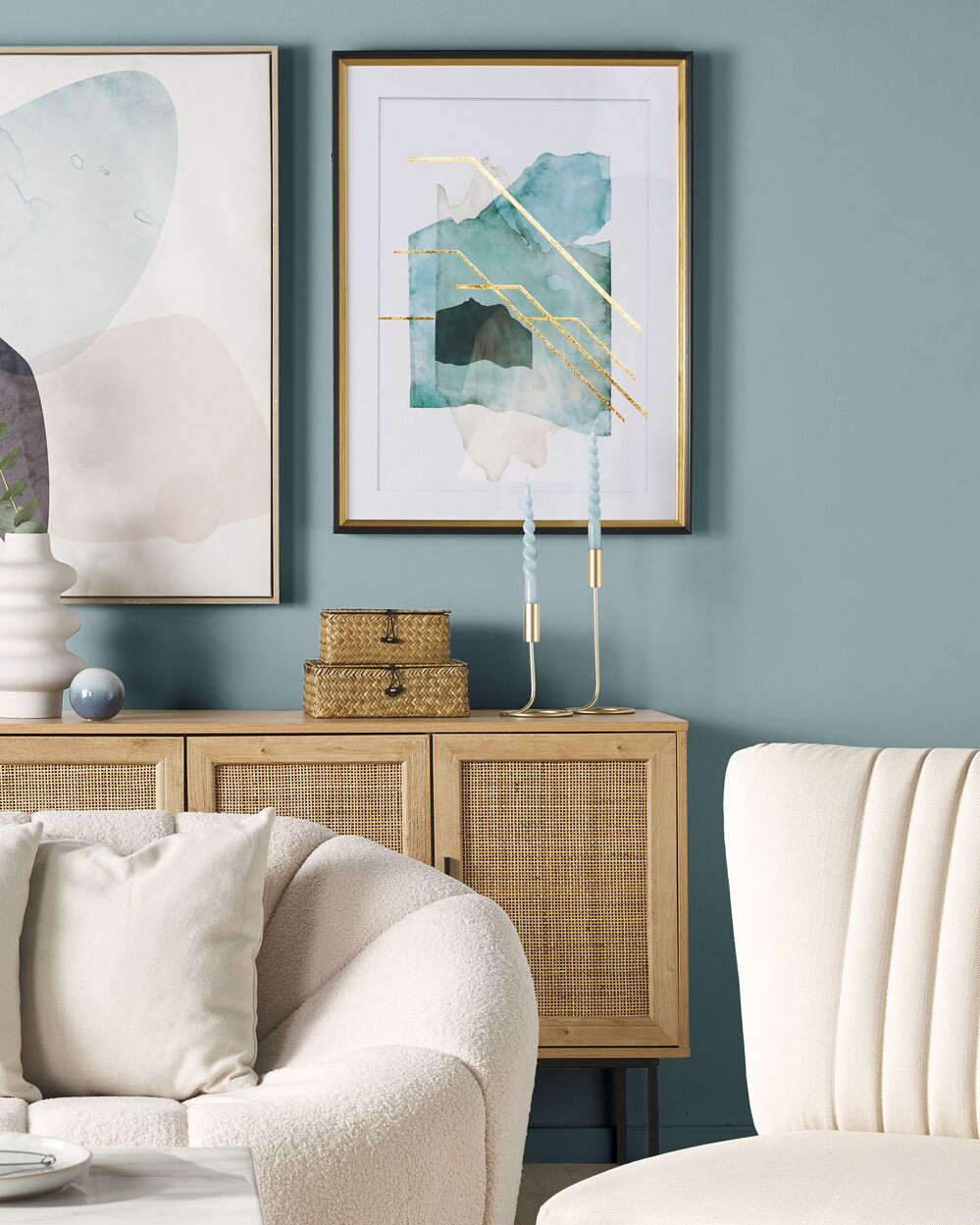 Stampa da parete con cornice Carta blu e dorato acquerello effetto acquarello 30 x 40 cm