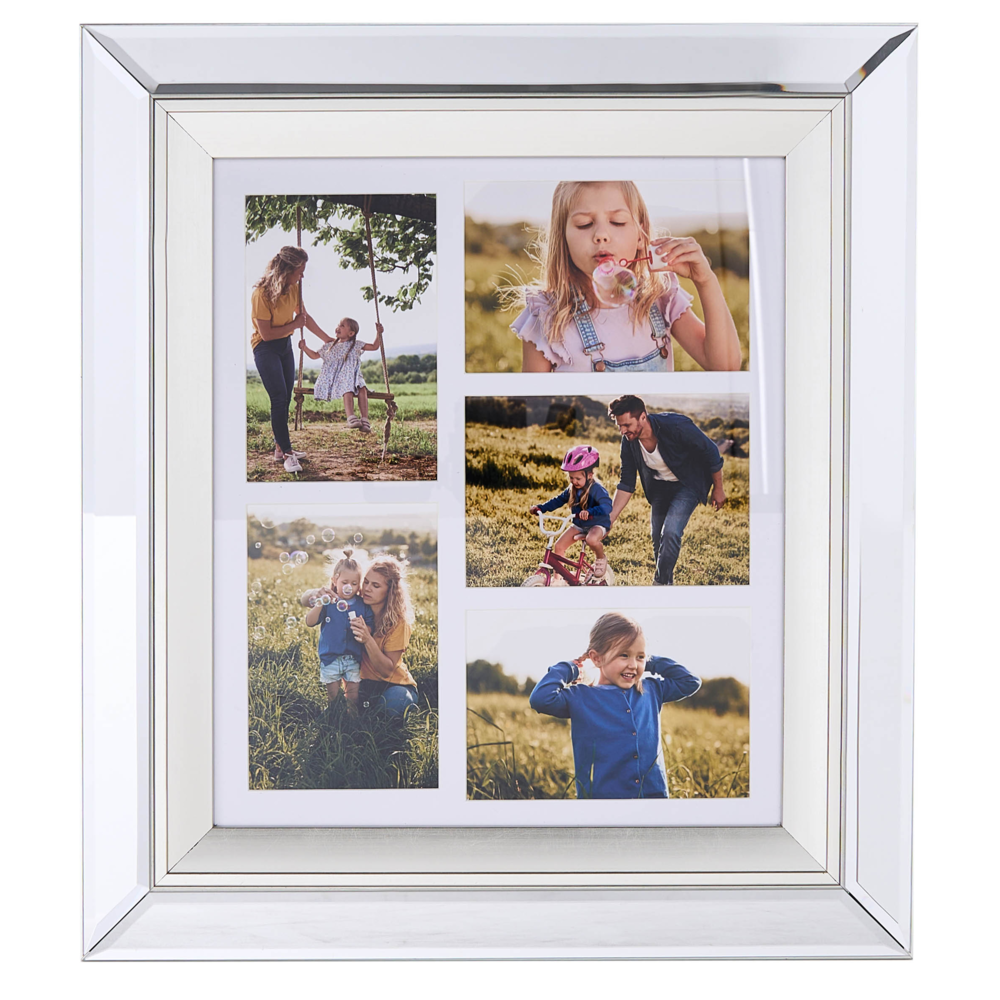 Cornice Multifoto Argento Vetro Specchiato 49 x 44 cm per 5 Foto 10 x 15 cm Collage Apertura