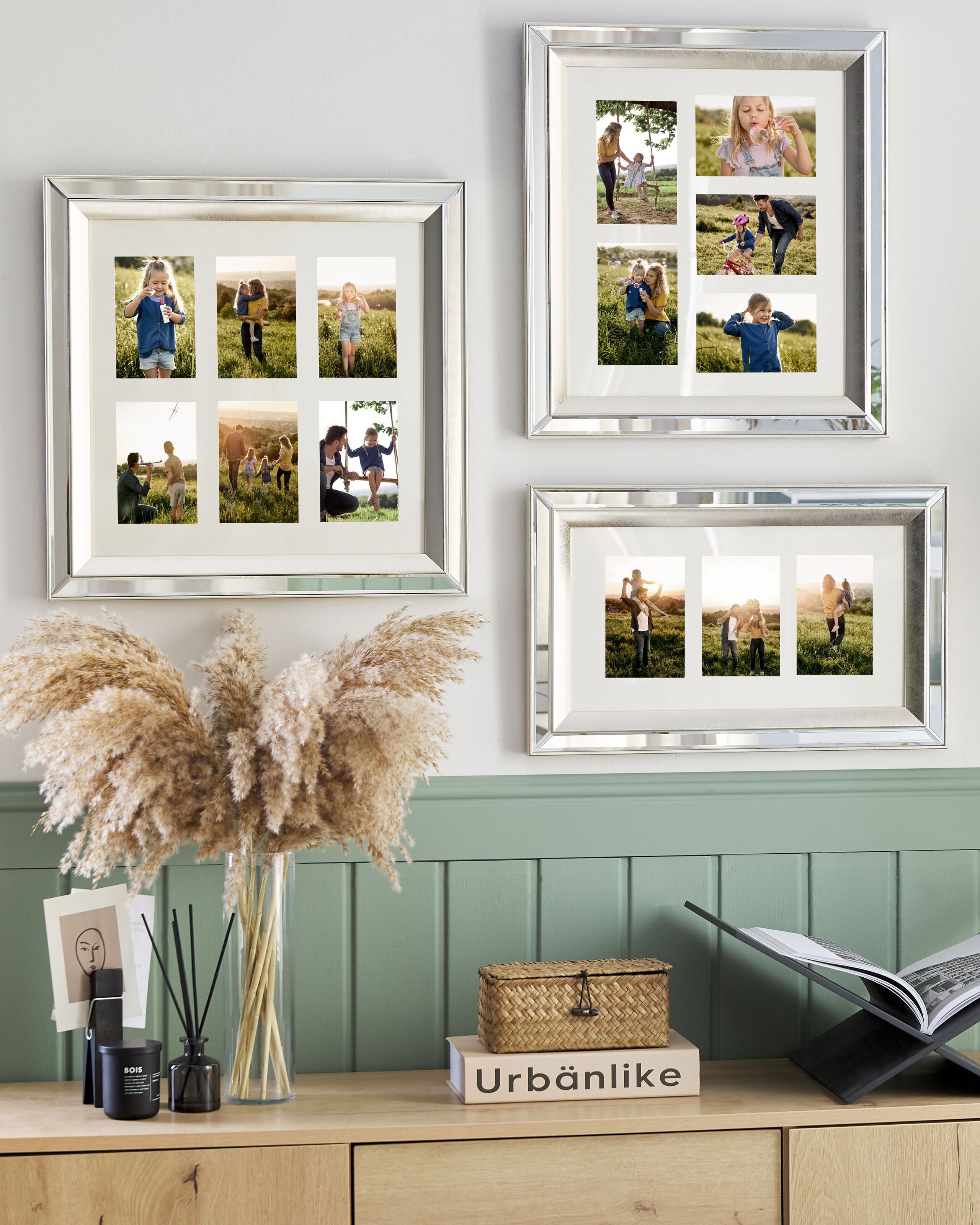 Cornice Multifoto Argento Vetro Specchiato 32 x 50 cm per 3 Foto 10 x 15 cm Collage Apertura