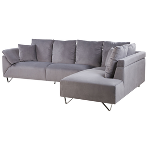 Divano angolare in tessuto di velluto a coste grigio 266 x 181 cm Cuscini Gambe cromate