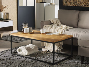 Tavolino da caffè in legno di teak chiaro con piano rettangolare con struttura in metallo Nero