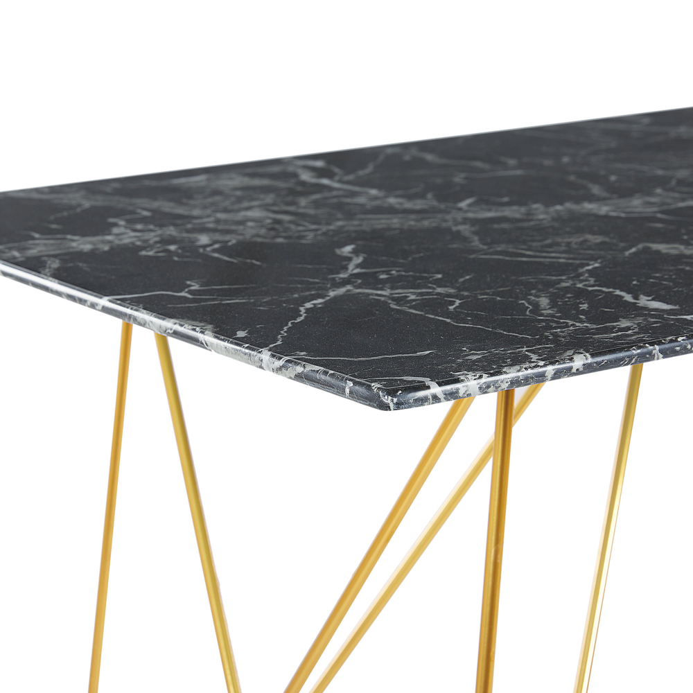 Tavolo da Pranzo Effetto Marmo Nero con Piano in Vetro Temperato dorato Gambe in Metallo 140 x 80 cm Glam Soggiorno