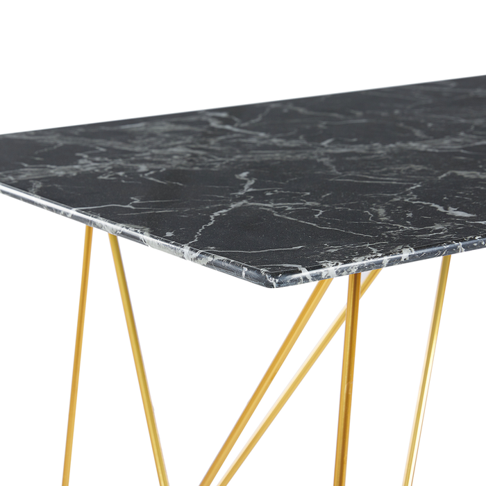 Tavolo da Pranzo Effetto Marmo Nero con Piano in Vetro Temperato dorato Gambe in Metallo 140 x 80 cm Glam Soggiorno