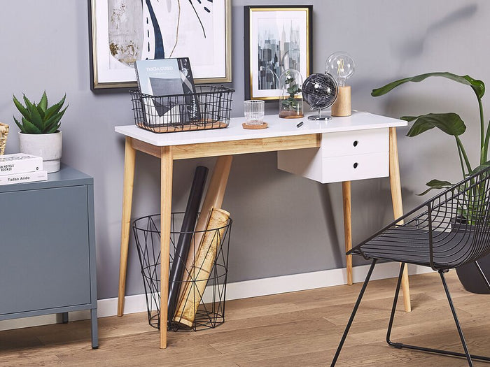 Scrivania Home Office Gambe in legno bianco e chiaro 106 x 48 cm con cassetto Retro