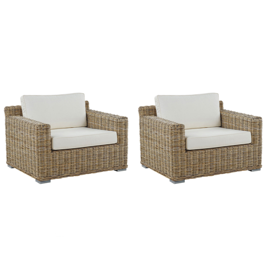 Set di 2 poltrone da giardino in vimini rattan marrone chiaro Set 2 sedie da esterno con cuscini bianchi