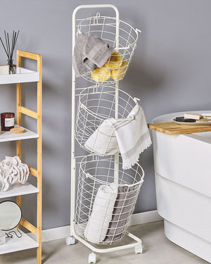Supporto per cesto in filo metallico a 3 livelli in metallo bianco con maniglie per rotelle Cucina rimovibile Accessorio bagno per asciugamani