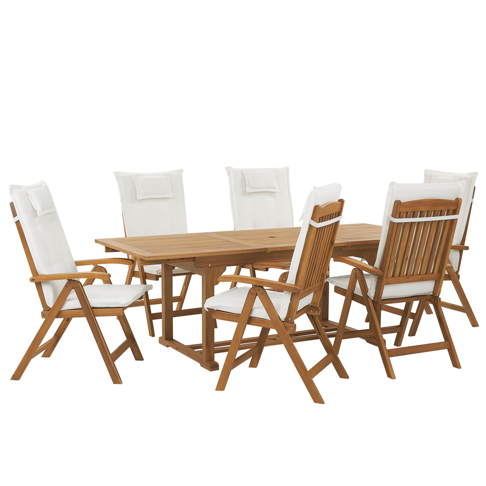 Set da pranzo da giardino in legno di acacia con cuscini bianco sporco 6 posti sedie pieghevoli regolabili per esterni in stile country