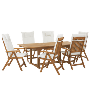 Set da pranzo da giardino in legno di acacia con cuscini bianco sporco 6 posti sedie pieghevoli regolabili per esterni in stile country