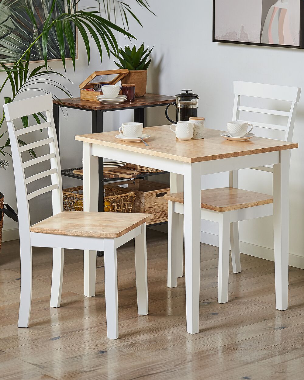 Set di 2 sedie da pranzo in legno chiaro e legno bianco in gomma con sedile senza braccioli